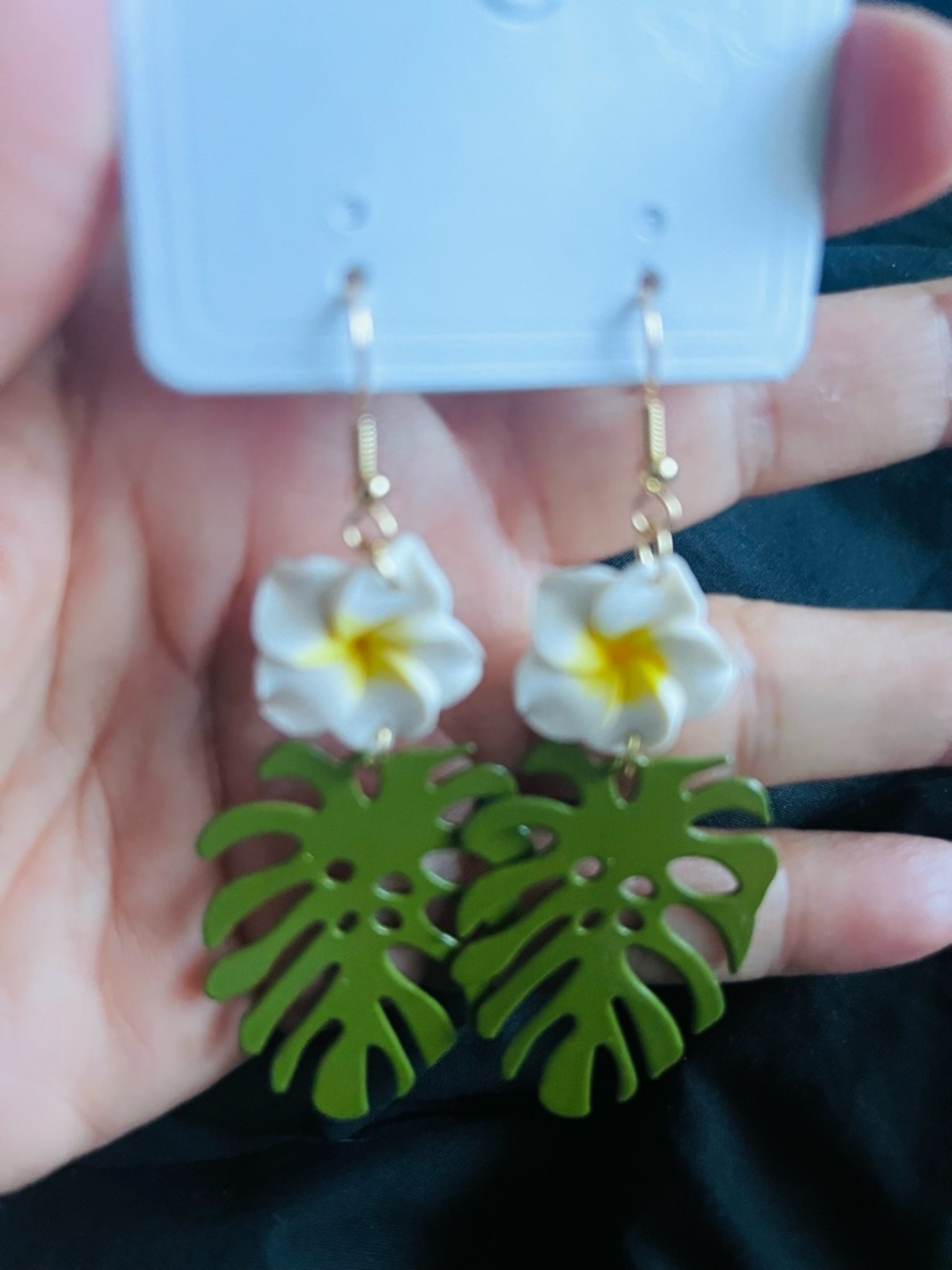 Tropical White & Green Flower Monstera Drop Earrings